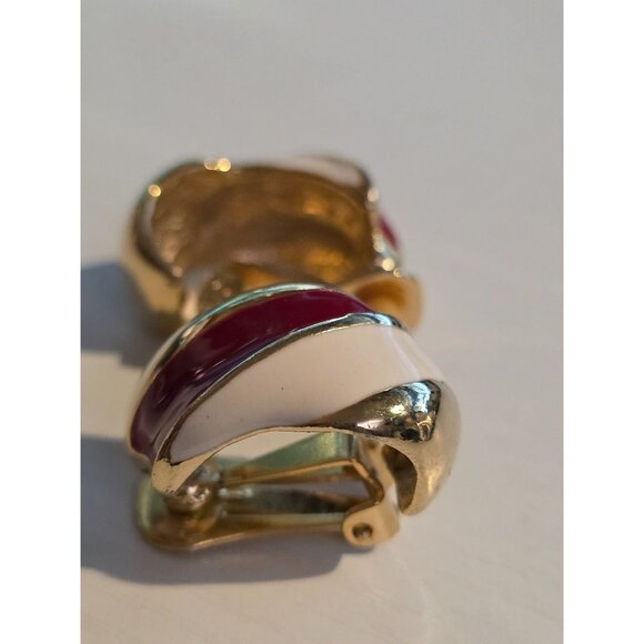 Vintage Leritz Gold & Red Enamel Chunky Curved Clip On Earrings - Picture 3 of 9